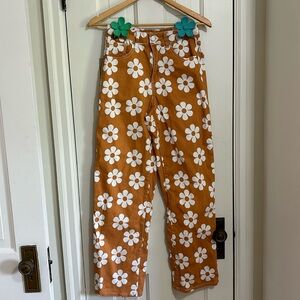 Mustard Daisy Floral Wide Leg Pants High Waisted Boho Hippie